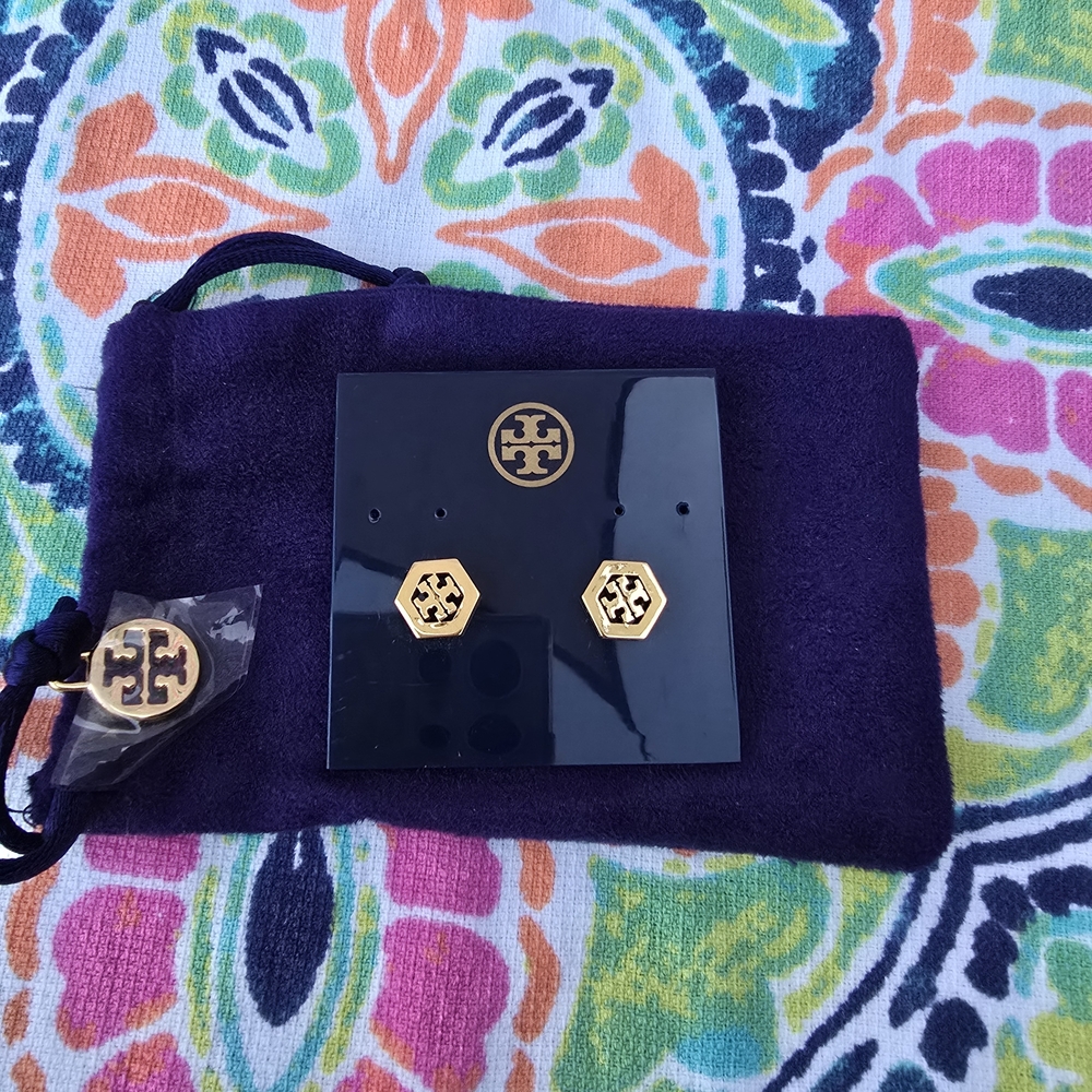 Tory Burch Gold Hexagonal Logo Stud Earrings - Polished Gold Tone - Picture 9 of 9